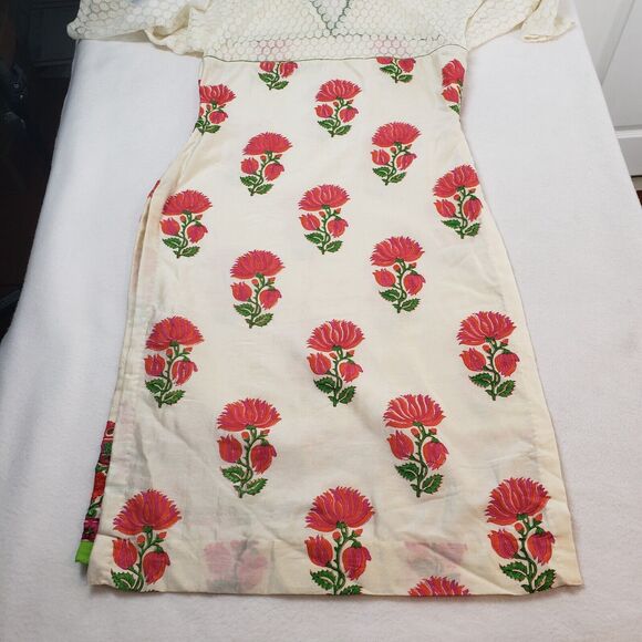 Womens Cream Kurta Top Large Lace Floral Embroidered Bohemian Straight Tunic - Picture 14 of 16